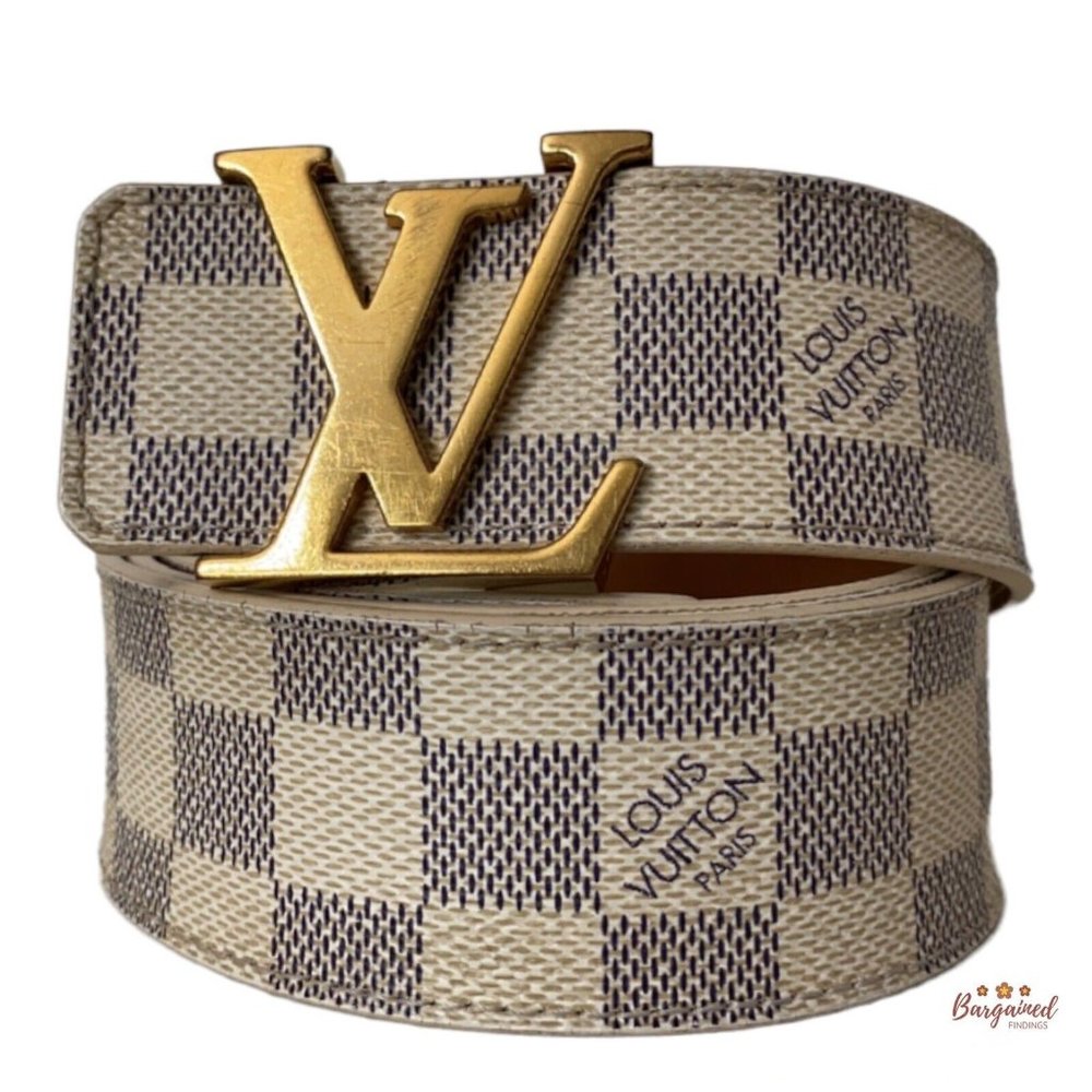 Authentic Louis Vuitton Damier Azur Canvas Leather Gold LV Initials Belt 90/36